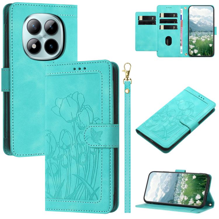 

For Redmi Note 15 Pro 5G Global 163.6mm Tulips Embossed Leather Phone Case with Lanyard(Green)