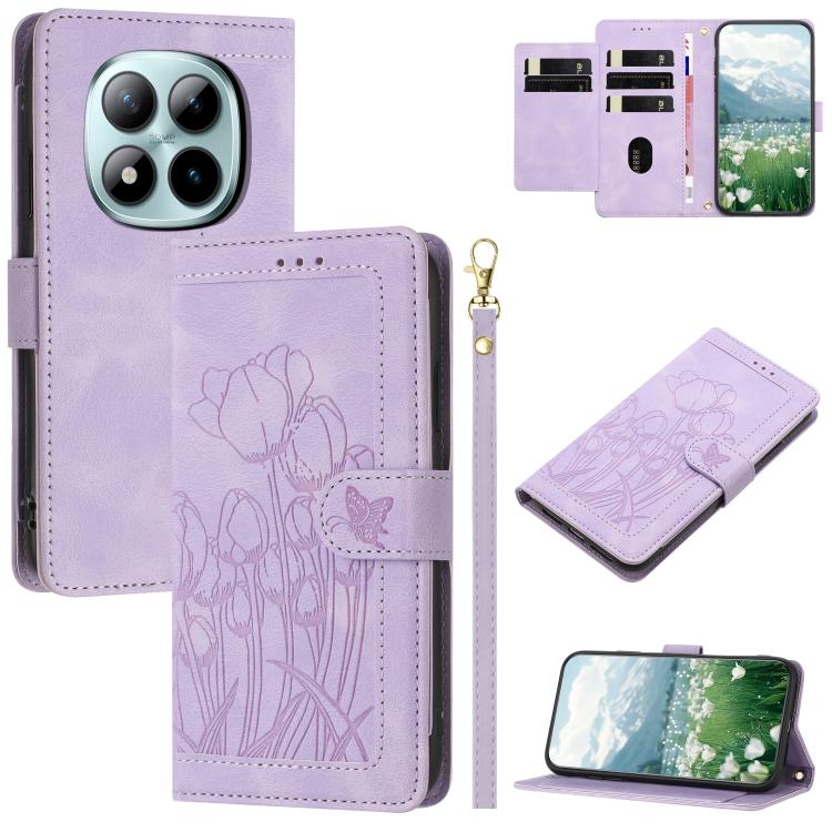 

For Redmi Note 15 Pro 5G Global Tulips Embossed Leather Phone Case with Lanyard(Purple)