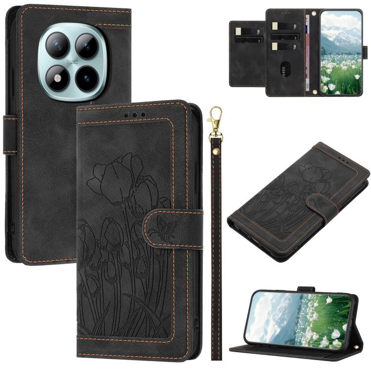 

For Redmi Note 15 Pro 5G Global 163.6mm Tulips Embossed Leather Phone Case with Lanyard(Black)