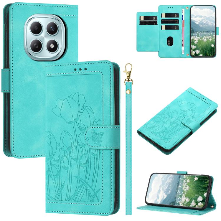 

For Redmi Note 15 5G / 4G Global 164mm Tulips Embossed Leather Phone Case with Lanyard(Green)