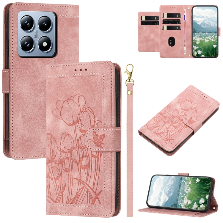 

For Xiaomi 14T Tulips Embossed Leather Phone Case with Lanyard(Pink)