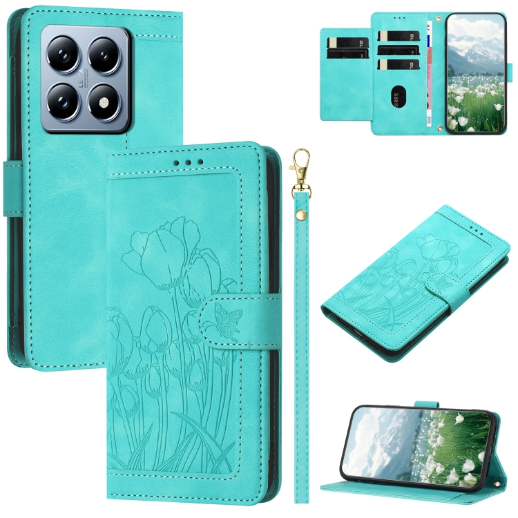 

For Xiaomi 14T Tulips Embossed Leather Phone Case with Lanyard(Green)