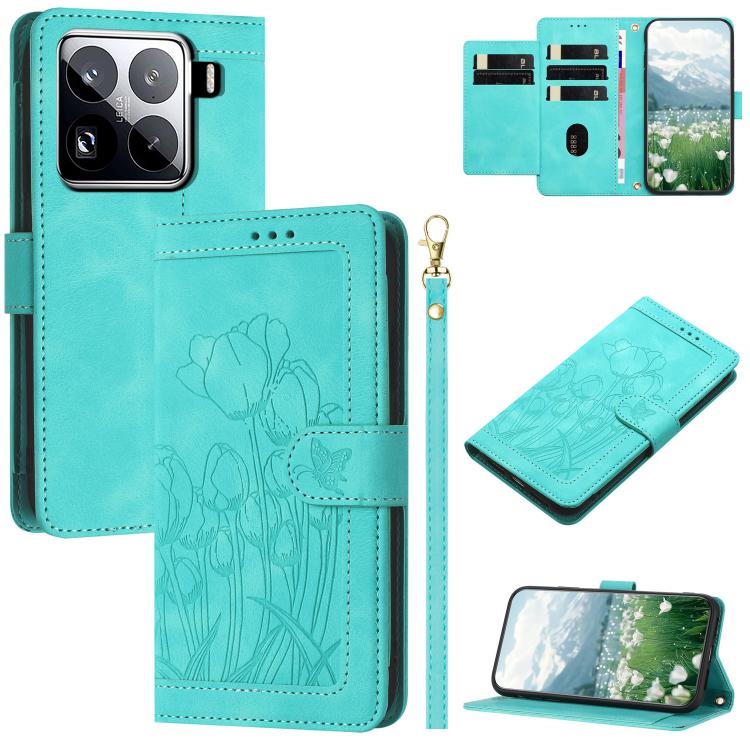 

For Xiaomi 15 Pro Tulips Embossed Leather Phone Case with Lanyard(Green)