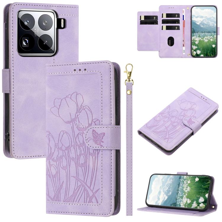 

For Xiaomi 15 Pro Tulips Embossed Leather Phone Case with Lanyard(Purple)
