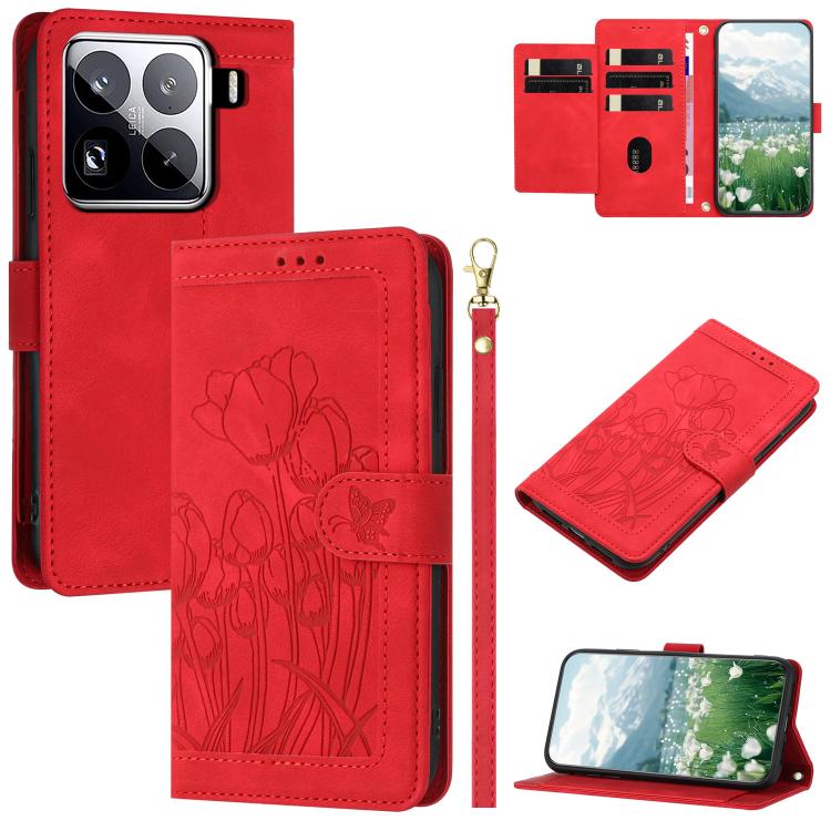 

For Xiaomi 15 Pro Tulips Embossed Leather Phone Case with Lanyard(Red)