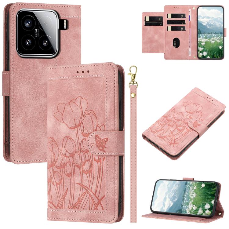 

For Xiaomi 15 Tulips Embossed Leather Phone Case with Lanyard(Pink)
