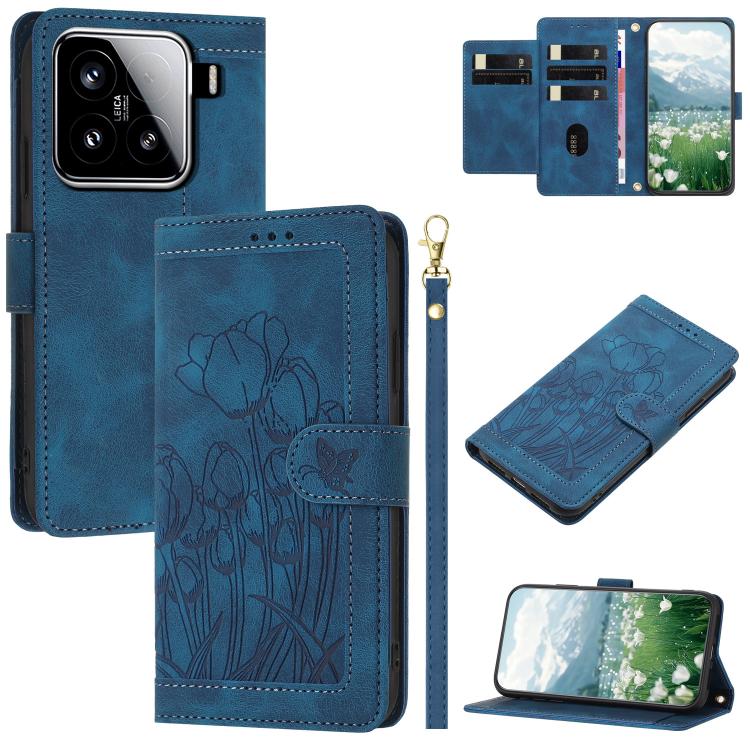 

For Xiaomi 15 Tulips Embossed Leather Phone Case with Lanyard(Blue)