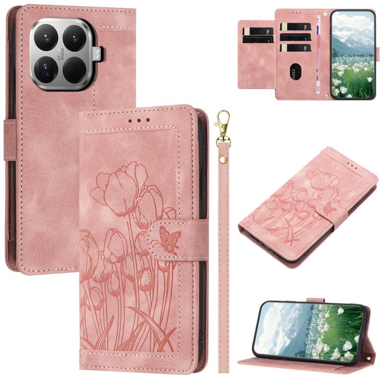 

For Xiaomi 15T Pro Tulips Embossed Leather Phone Case with Lanyard(Pink)