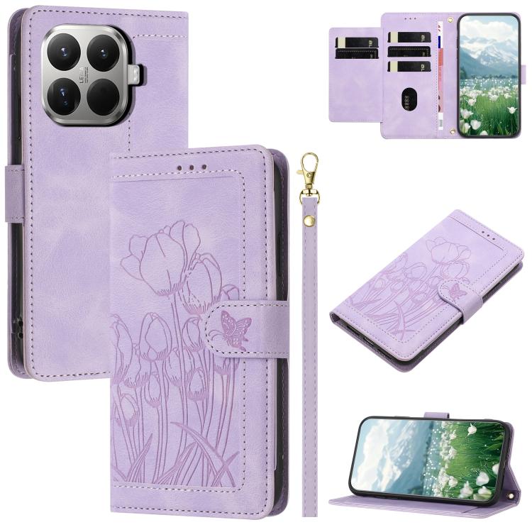 

For Xiaomi 15T Pro Tulips Embossed Leather Phone Case with Lanyard(Purple)