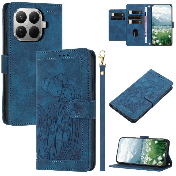 

For Xiaomi 15T Pro Tulips Embossed Leather Phone Case with Lanyard(Blue)