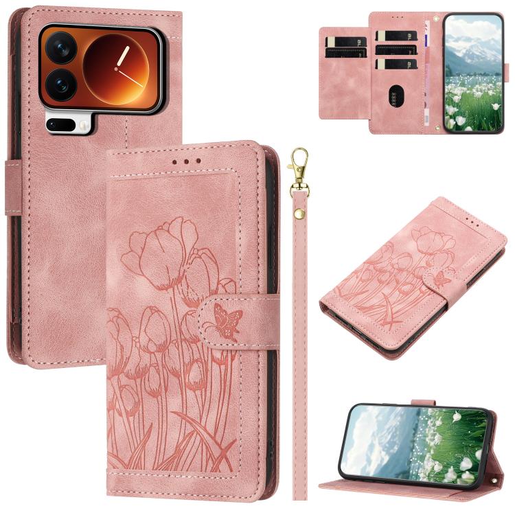 

For Xiaomi 17 Pro Max Tulips Embossed Leather Phone Case with Lanyard(Pink)