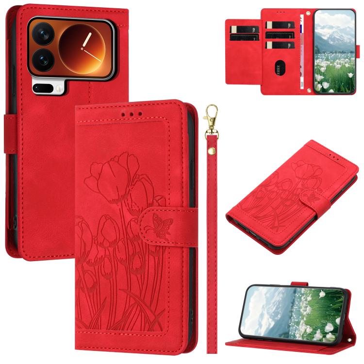 

For Xiaomi 17 Pro Tulips Embossed Leather Phone Case with Lanyard(Red)