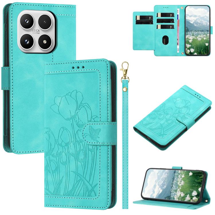

For Xiaomi 17 Tulips Embossed Leather Phone Case with Lanyard(Green)