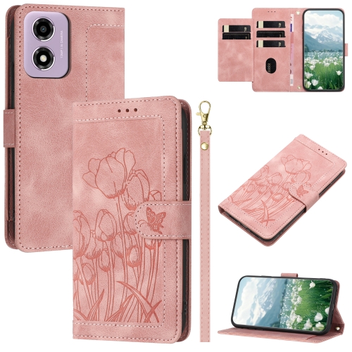 

For Motorola Moto E14 Tulips Embossed Leather Phone Case with Lanyard(Pink)