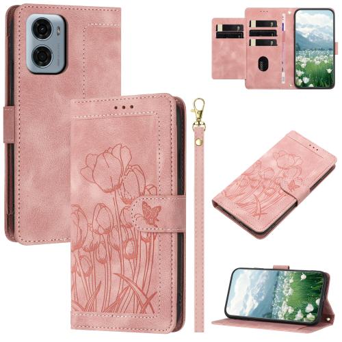 

For Motorola Moto G05 Tulips Embossed Leather Phone Case with Lanyard(Pink)