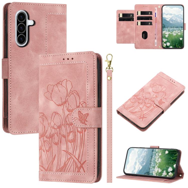 

For Samsung Galaxy A57 5G Tulips Embossed Leather Phone Case with Lanyard(Pink)