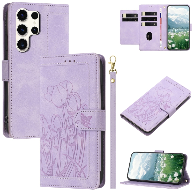 

For Samsung Galaxy S25 Ultra 5G Tulips Embossed Leather Phone Case with Lanyard(Purple)