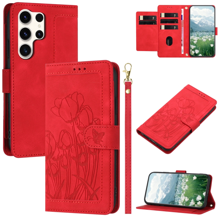 

For Samsung Galaxy S25 Ultra 5G Tulips Embossed Leather Phone Case with Lanyard(Red)