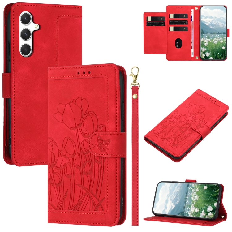 

For Samsung Galaxy S25+ 5G Tulips Embossed Leather Phone Case with Lanyard(Red)