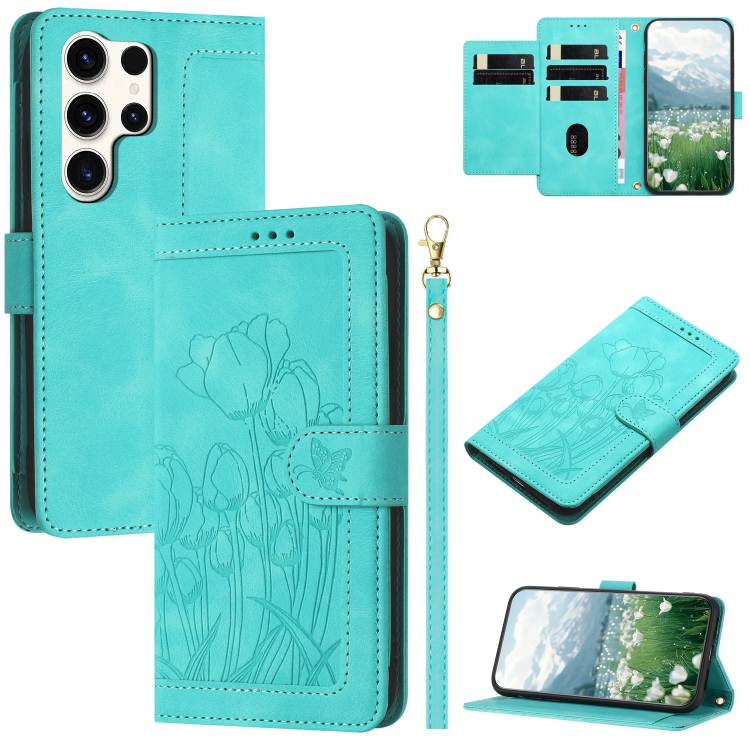 

For Samsung Galaxy S24 Ultra 5G Tulips Embossed Leather Phone Case with Lanyard(Green)