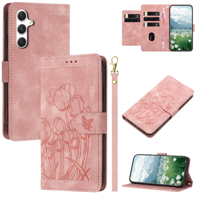 

For Samsung Galaxy S24+ 5G Tulips Embossed Leather Phone Case with Lanyard(Pink)