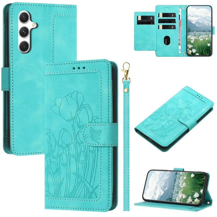 

For Samsung Galaxy S24 FE 5G Tulips Embossed Leather Phone Case with Lanyard(Green)