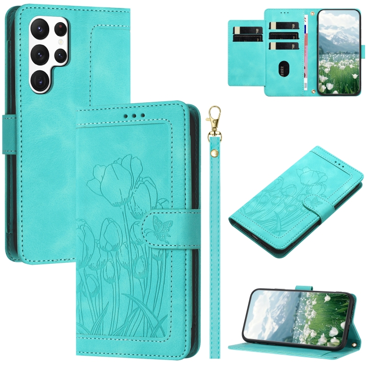 

For Samsung Galaxy S23 Ultra 5G Tulips Embossed Leather Phone Case with Lanyard(Green)