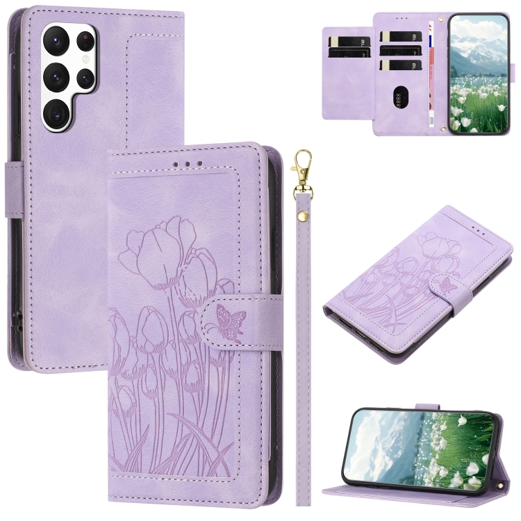 

For Samsung Galaxy S23 Ultra 5G Tulips Embossed Leather Phone Case with Lanyard(Purple)