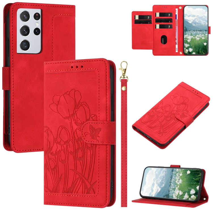 

For Samsung Galaxy S21 Ultra 5G Tulips Embossed Leather Phone Case with Lanyard(Red)