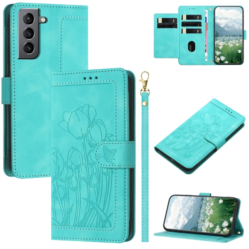 

For Samsung Galaxy S21 5G Tulips Embossed Leather Phone Case with Lanyard(Green)