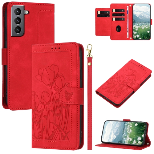 

For Samsung Galaxy S21 5G Tulips Embossed Leather Phone Case with Lanyard(Red)