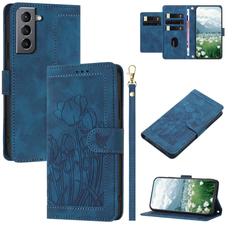 

For Samsung Galaxy S21 FE 5G Tulips Embossed Leather Phone Case with Lanyard(Blue)