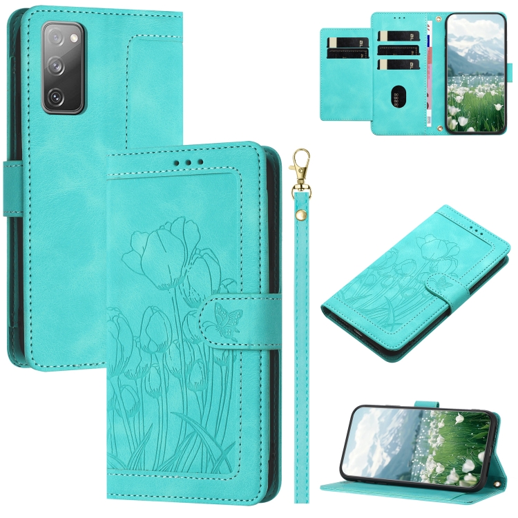 

For Samsung Galaxy S20 FE Tulips Embossed Leather Phone Case with Lanyard(Green)
