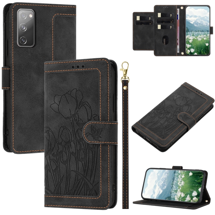 

For Samsung Galaxy S20 FE Tulips Embossed Leather Phone Case with Lanyard(Black)