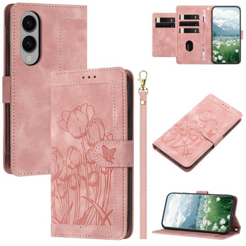 

For Samsung Galaxy S25 Edge 5G Tulips Embossed Leather Phone Case with Lanyard(Pink)