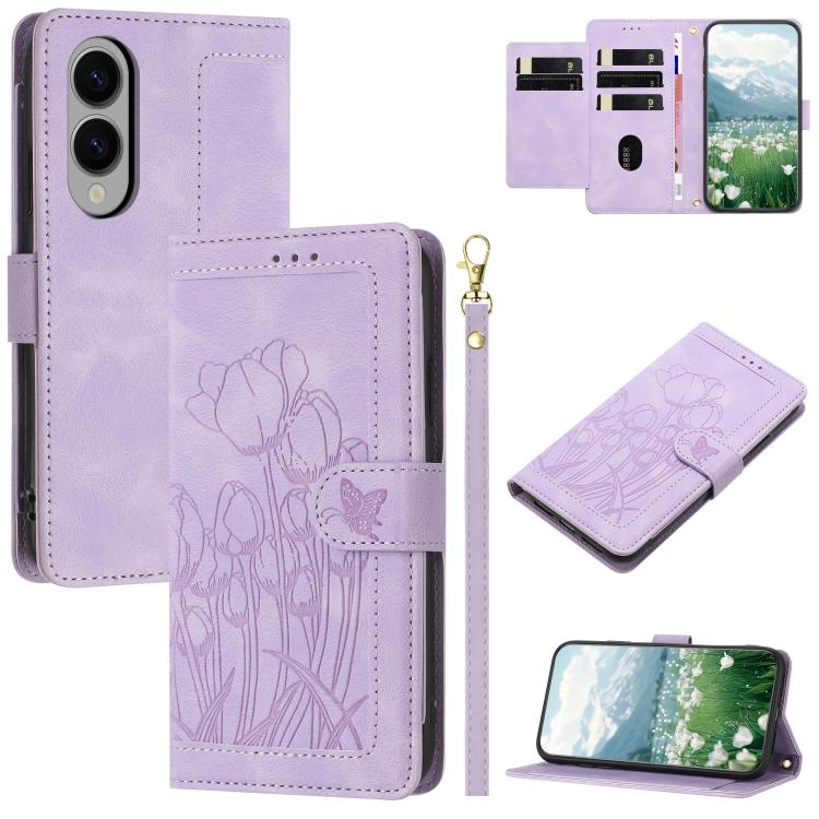 

For Samsung Galaxy S25 Edge 5G Tulips Embossed Leather Phone Case with Lanyard(Purple)