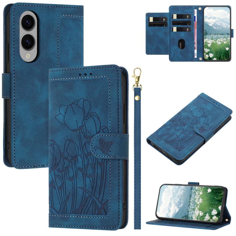 

For Samsung Galaxy S25 Edge 5G Tulips Embossed Leather Phone Case with Lanyard(Blue)