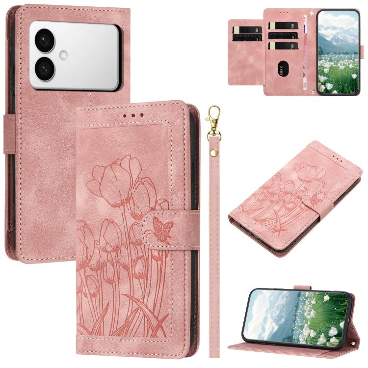 

For Samsung Galaxy S26 Edge 5G Tulips Embossed Leather Phone Case with Lanyard(Pink)