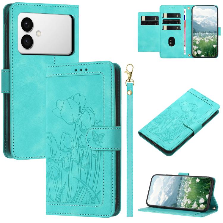 

For Samsung Galaxy S26 Edge 5G Tulips Embossed Leather Phone Case with Lanyard(Green)