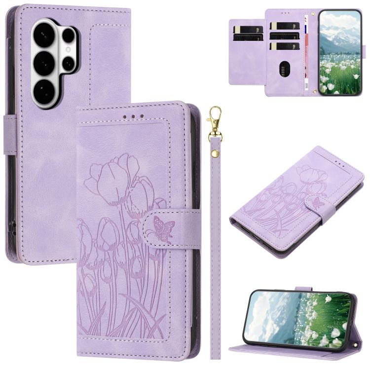 

For Samsung Galaxy S26 Ultra 5G Tulips Embossed Leather Phone Case with Lanyard(Purple)