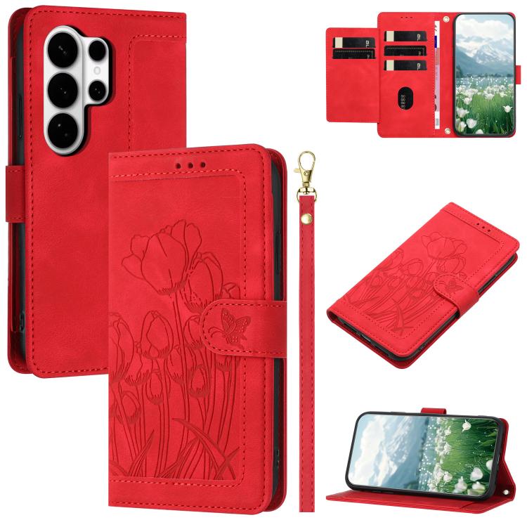 

For Samsung Galaxy S26 Ultra 5G Tulips Embossed Leather Phone Case with Lanyard(Red)