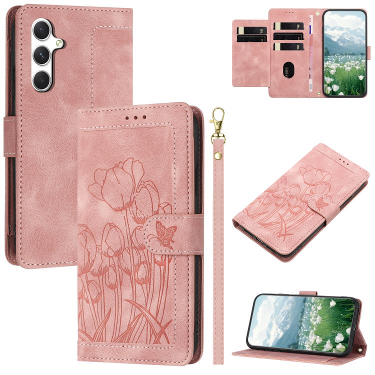 

For Samsung Galaxy S25 FE 5G Tulips Embossed Leather Phone Case with Lanyard(Pink)