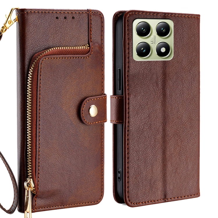 

For Xiaomi 14T 5G Zipper Bag Leather Phone Case(Brown)