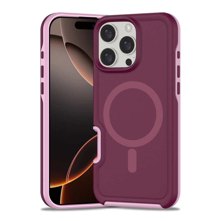 

For iPhone 16 Pro Shockproof MagSafe Armor PC Hybrid TPU Phone Case(Wine Red+Light Pink)