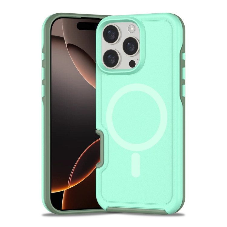 

For iPhone 16 Pro Shockproof MagSafe Armor PC Hybrid TPU Phone Case(Mint Green+Grayish Green)