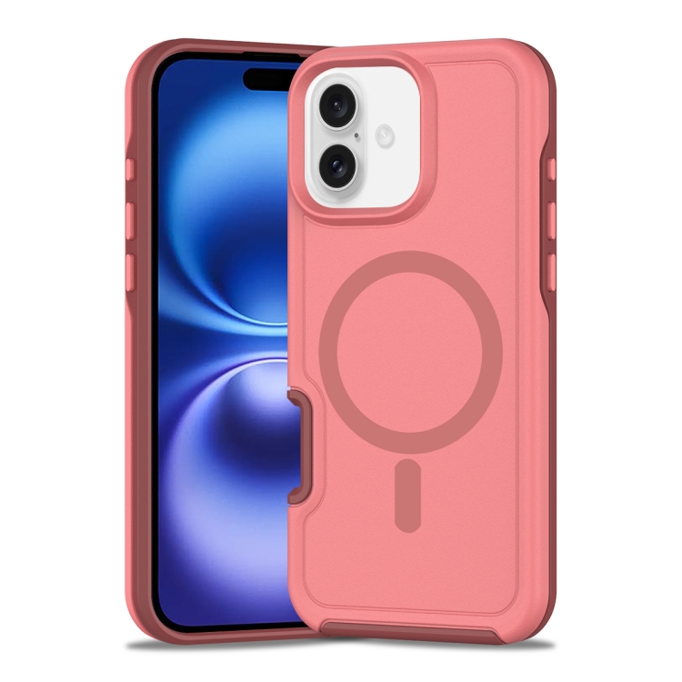 

For iPhone 16 Plus Shockproof MagSafe Armor PC Hybrid TPU Phone Case(Dark Pink+Maroon)
