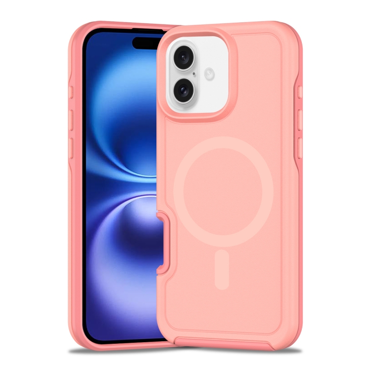 

For iPhone 16 Plus Shockproof MagSafe Armor PC Hybrid TPU Phone Case(Light Pink+Coral Red)