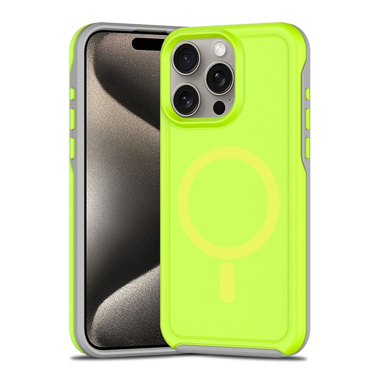 

For iPhone 15 Pro Shockproof MagSafe Armor PC Hybrid TPU Phone Case(Fluorescent Green+Gray)