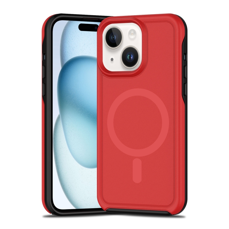 

For iPhone 15 Plus Shockproof MagSafe Armor PC Hybrid TPU Phone Case(Red+Black)
