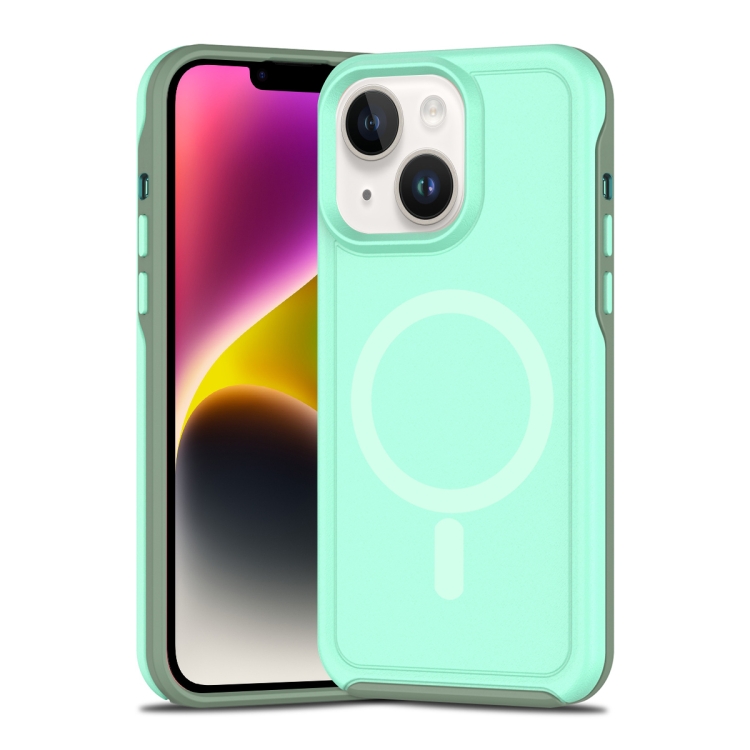 

For iPhone 14 Plus Shockproof MagSafe Armor PC Hybrid TPU Phone Case(Mint Green+Grayish Green)